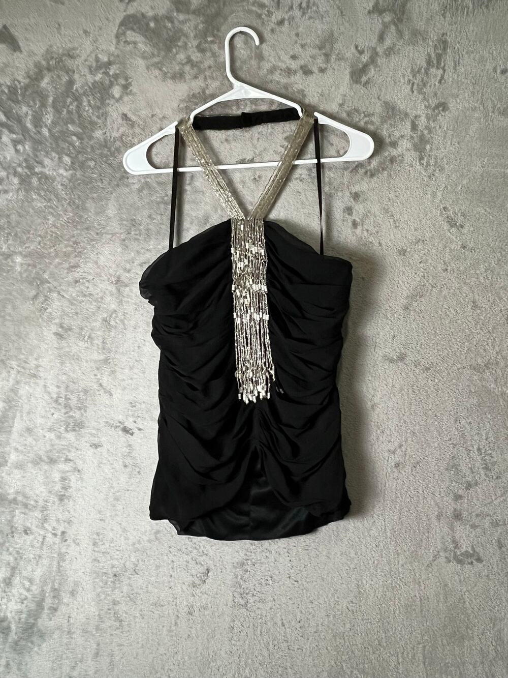 Vintage Black Silk Ruched Halter Beaded Fringe Y2K Evening Glam Party Blouse XL
